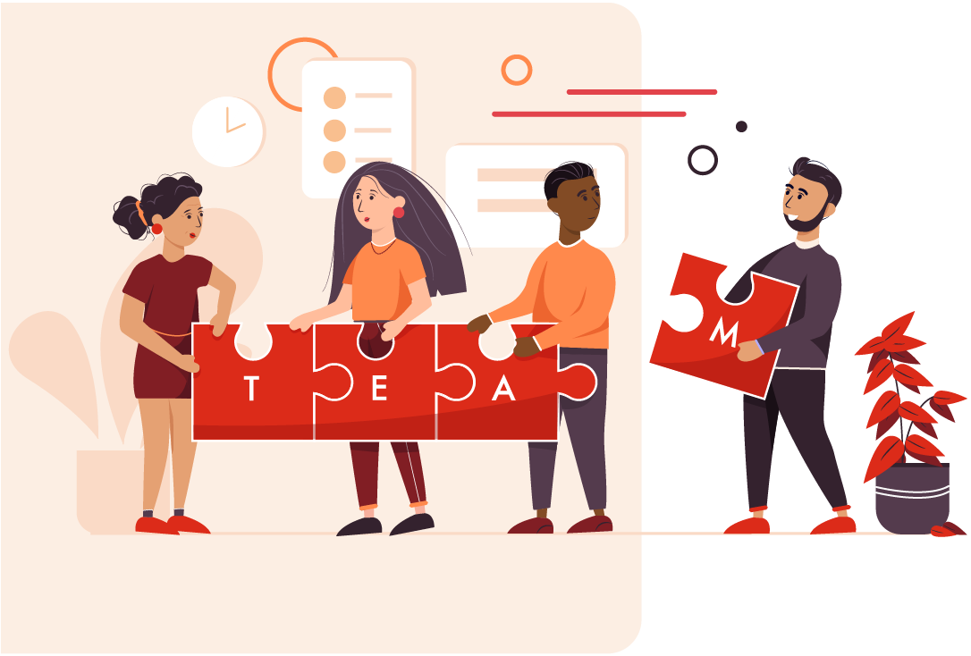 Bild mit einer Gruppe von Personen, die 4 Puzzleteile verbinden und so das Wort "Team" formen